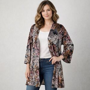 Slinky Brand Womens Floral Burnout Velvet Duster Cardigan Size 1X Open Front